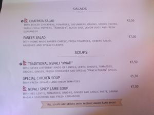 Menu, salads and soups at Mažoji Himalaja in Vilnius