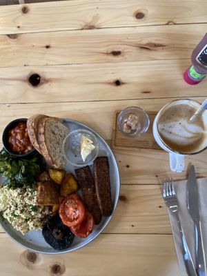 Vegan fry up and oat latte  at Fara in Glastonbury