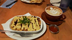 Baked mac and cheese with tempeh bacon at Resonance Cafe in Montreal