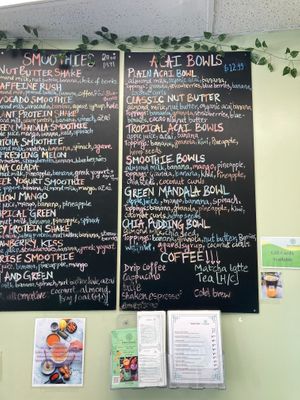 Wall menu for smoothies and bowls at Green Mandala in New York City