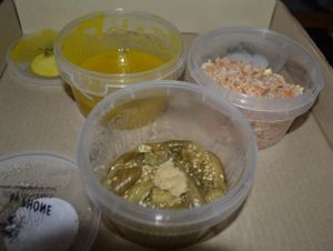 tiny protions of rice (tasteless and cold), pumpkin soup (tasteless) and eggplant with ginger (awful burnt taste no ginger taste) at SALADee in Bangkok