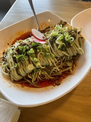 Green tea noodles with spicy sauce   at Ugly Dumpling  in Edison