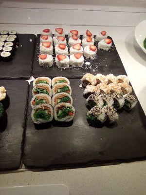 Vegan sushi: banana strawberry, and mixes of vegetables and tofu at Itsudemo Iso Myy   in Joensuu