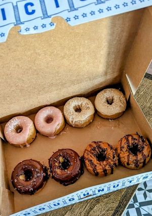 2 strawberry, 2 french toast, 2 chocolate, 2 caramel bliss. All vegan and GF at Parlor Doughnuts in Jacksonville Beach