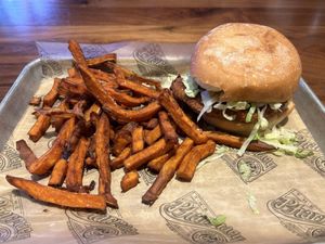 Chicken sandwich with sweet potato fries   at The Pharmacy Burger in Nashville