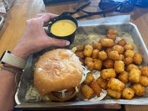 Vegan chik’n sandwich woth tator tots and vegan beer pub cheese   #Veganuary at The Pharmacy Burger in Nashville