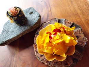 Welcome snacks - beetroot tart and tempura at Cullen Wines in Wilyabrup