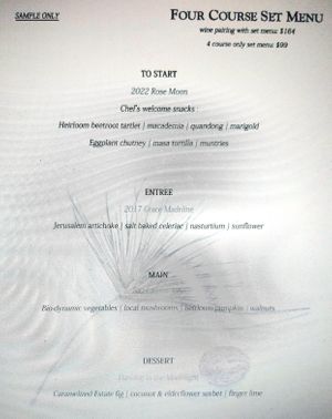 Sample menu at Cullen Wines in Wilyabrup