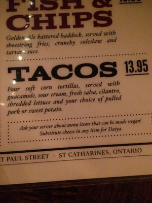 Vegan cheeses statement on menu at Merchant Ale House in St Catharines