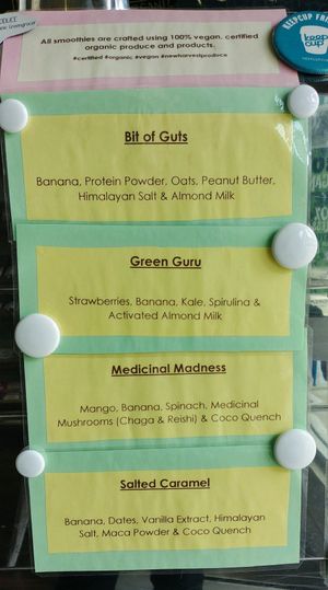 Smoothie menu at New Harvest Organic Greengrocer in Seaford