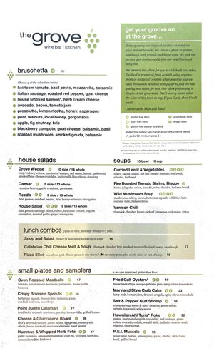 Food menu, pg 1 of 2  at The Grove Wine Bar & Kitchen in Austin
