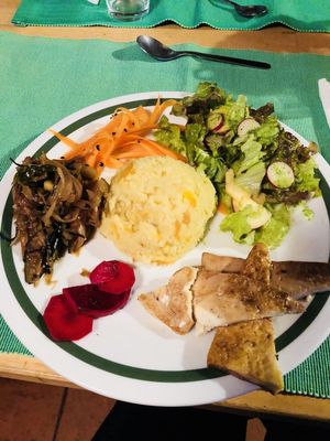 Rice with tofu, salad, pickled vegetables and a mushroom stir fry.  at Centro Tinkuy - Gracias a la Vida Association in Sintra