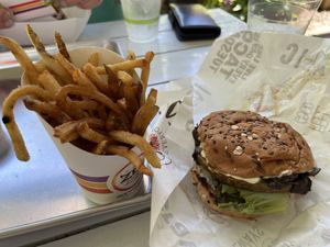 Black Tie Zenburger and fries  at ZenBurgers Love Shack in Asheville