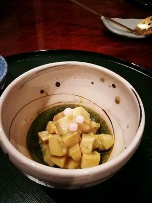 tofu bamboo shoot starter (tastes like avocado) at Tosuiro in Kyoto