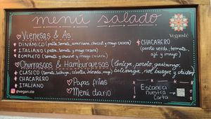 Their savory menu: hot dogs and hamburgers plus fries at Vegansté in Providencia