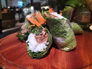 Roasted rice rolls at Shamballa Vegetarian Restaurant & Greenhouse in Da Nang