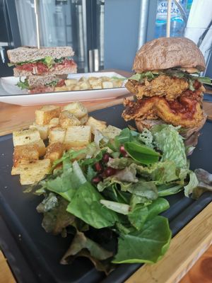 Fried Mushroom burger with roasted potatoes & side pomegranate salad🥗 at URBN Forest  in Larnaca