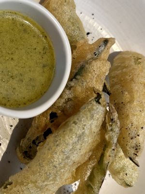 Crispy Fried Okra, Nigella Seeds with a cheeky side of Green Herb Zhug   at Burnt Orange in Brighton