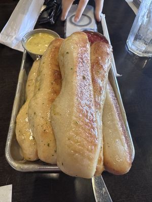 Vegan bread sticks, sauce and butter are both vegan already!   at Town Hall Pizza in Berrien Springs