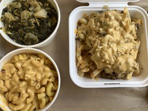Country boy greens, 3-cheese mac & cheese, and steak & cheese fries  at Better Chew Kitchen - Vallejo in Vallejo