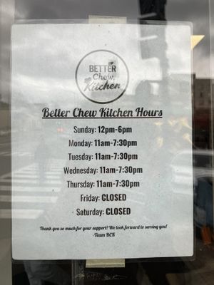 Business hours  at Better Chew Kitchen - Vallejo in Vallejo