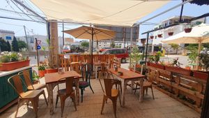 Fresh and comfortable terrace with water spray.   at The Hangover Corner in Ibiza