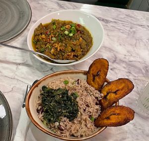 Jerk chicken stew, rice and beans, fried plantain   at Meat The Vegans in North West London