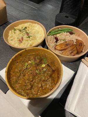 Mac n Cheese and Curried Goat w/ Rice and Plaintains  at Meat The Vegans in North West London
