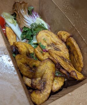 Fried plantain with bean sauce at Meat The Vegans in North West London