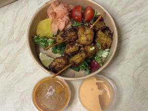 Satay chicken skewers  at Meat The Vegans in North West London