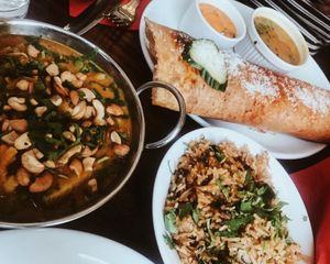 Cashew curry, mushroom rice and a crepe at The Green Eatery in Norwich