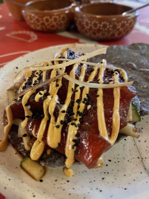 Tostada de atún vegano (vegan tuna made from watermelon!)   at Taco Santo in Mexico City