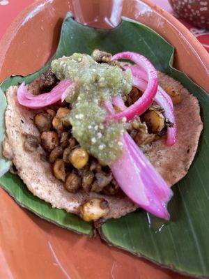 Vegan chorizo taco made from garbanzo beans  at Taco Santo in Mexico City
