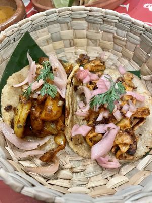 Yaca Pibil taco on the left was totally different from all the other tacos we’ve been eating.  at Taco Santo in Mexico City