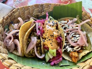 Jackfruit, green chickpea chorizo, chile cascabel, and Baja (no idea which is which)  at Taco Santo in Mexico City