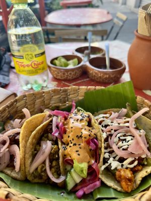 Jackfruit, green chickpea chorizo, chile cascabel, and Baja (no idea which is which)  at Taco Santo in Mexico City