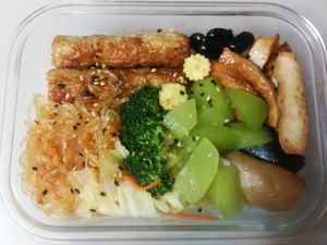 bento with 'black pepper vegan shrimp rolls', veggies, rice, and tofu at Jintian Chisu Yubiandang - 今天吃素御便當 in Hualien