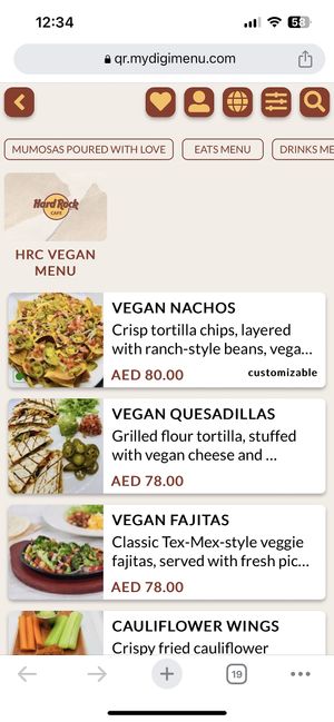 Vegan Menu 1/2  at DXB - Hard Rock Cafe - T3 - B in Dubai