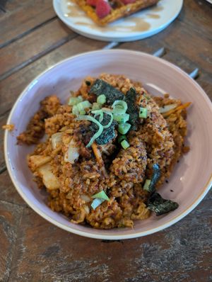 Kimchi fried rice (ask for without the egg) at Wasp & Sprout in Nairobi