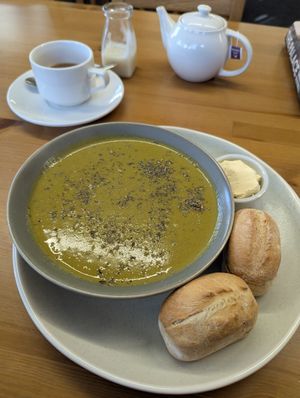 Courgette soup with a pot of tea. at Y Siop Fach Sero in Ferndale