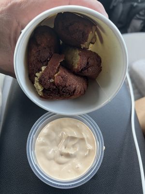 Falafel Patties with sriracha mayo  at Greens and Grains in Voorhees