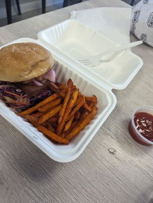 Special: Hawaiian smoked tofu sandwich. It had pineapple on it😄and sweet potato fries. at Greens and Grains in Voorhees