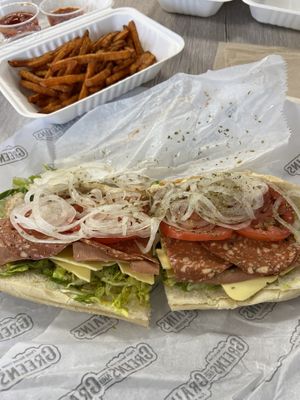 Italian hoagie & sweet potato fries - sooo good!   at Greens and Grains in Voorhees