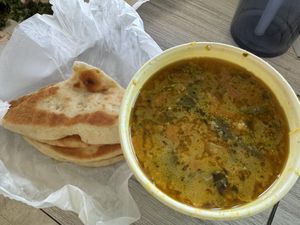 Lovely fried pita with Cauliflower curry soup (weekly soup rotates)  at Greens and Grains in Voorhees