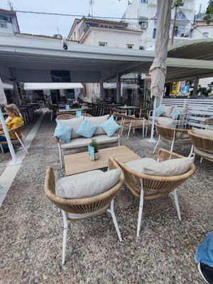 Our lounge area at island cafe in Skiathos