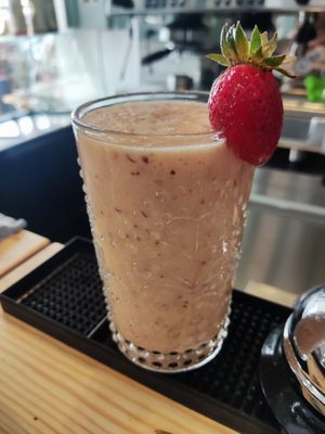 Vegan fresh smoothies with various fruits at island cafe in Skiathos