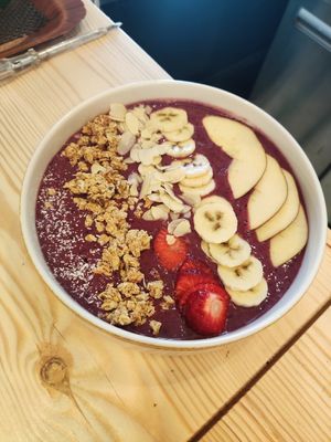 Original Acai bowl with Brazilian acai berry powder at island cafe in Skiathos