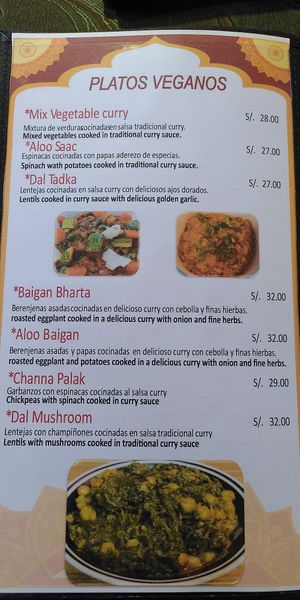 Dinner menu vegan at Paulino's Indian Cuisine in Cusco