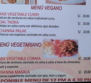 Lunch menu until 4.30 PM at Paulino's Indian Cuisine in Cusco