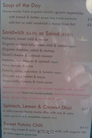Here's the menu from November 2012 at World Peace Cafe in Manchester